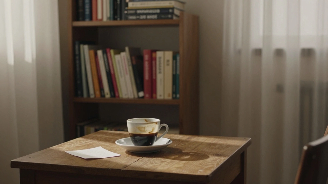A quiet apartment interior in Marseille with a bookshelf, coffee cup, and folded note, bathed in soft afternoon light.