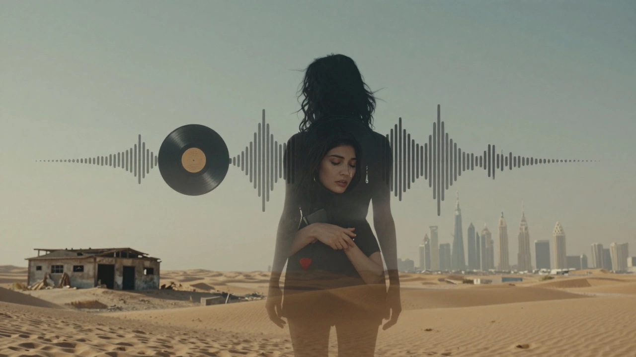 A woman&#039;s silhouette blends with soundwaves flowing through Dubai&#039;s hidden venues, symbolizing music and emotion.