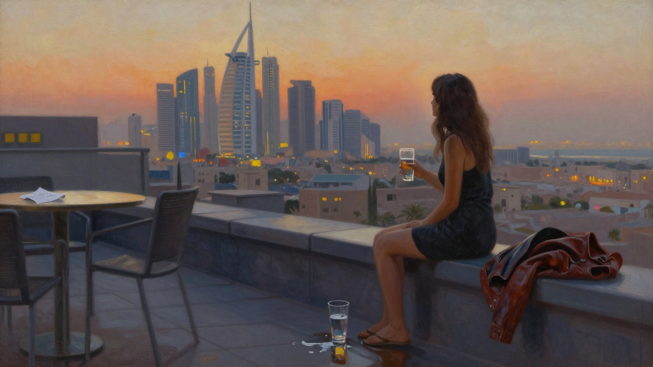 At dawn on a Dubai rooftop, a woman gazes over the city as the last beats of a night fade into silence.